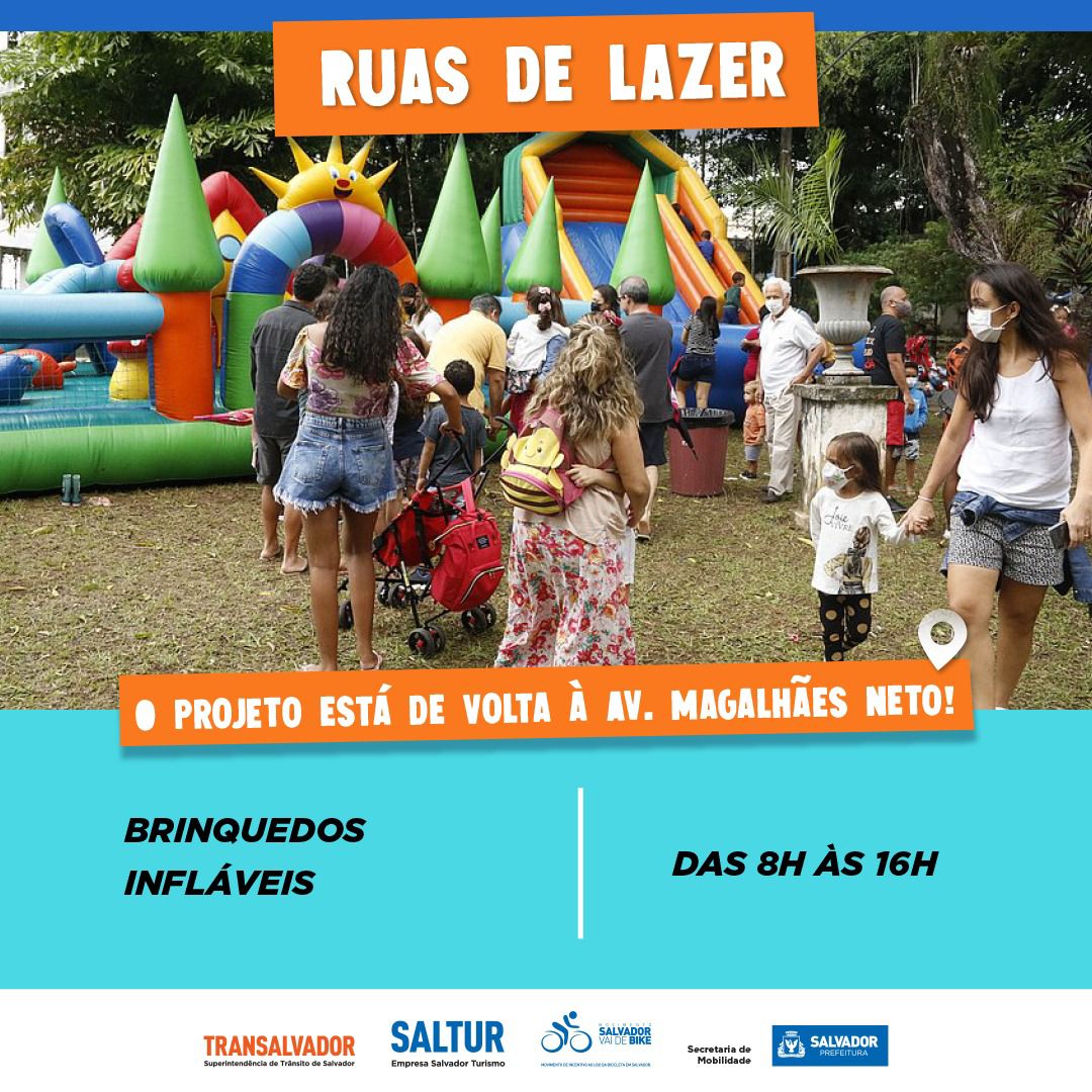 Card de divulgação do evento; Horário dos brinquedos infláveis: 8h às 16h
