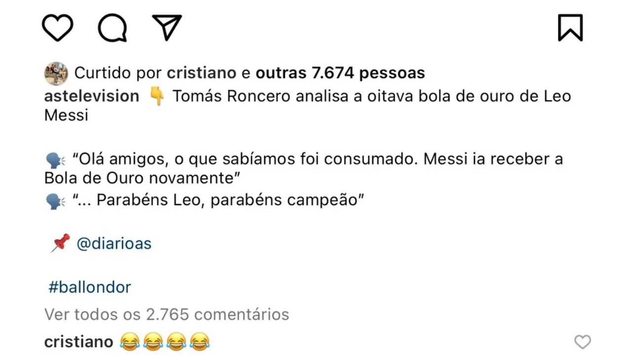 Cristiano Ronaldo posta emoji em publicação e ironiza Bola de Ouro de Messi