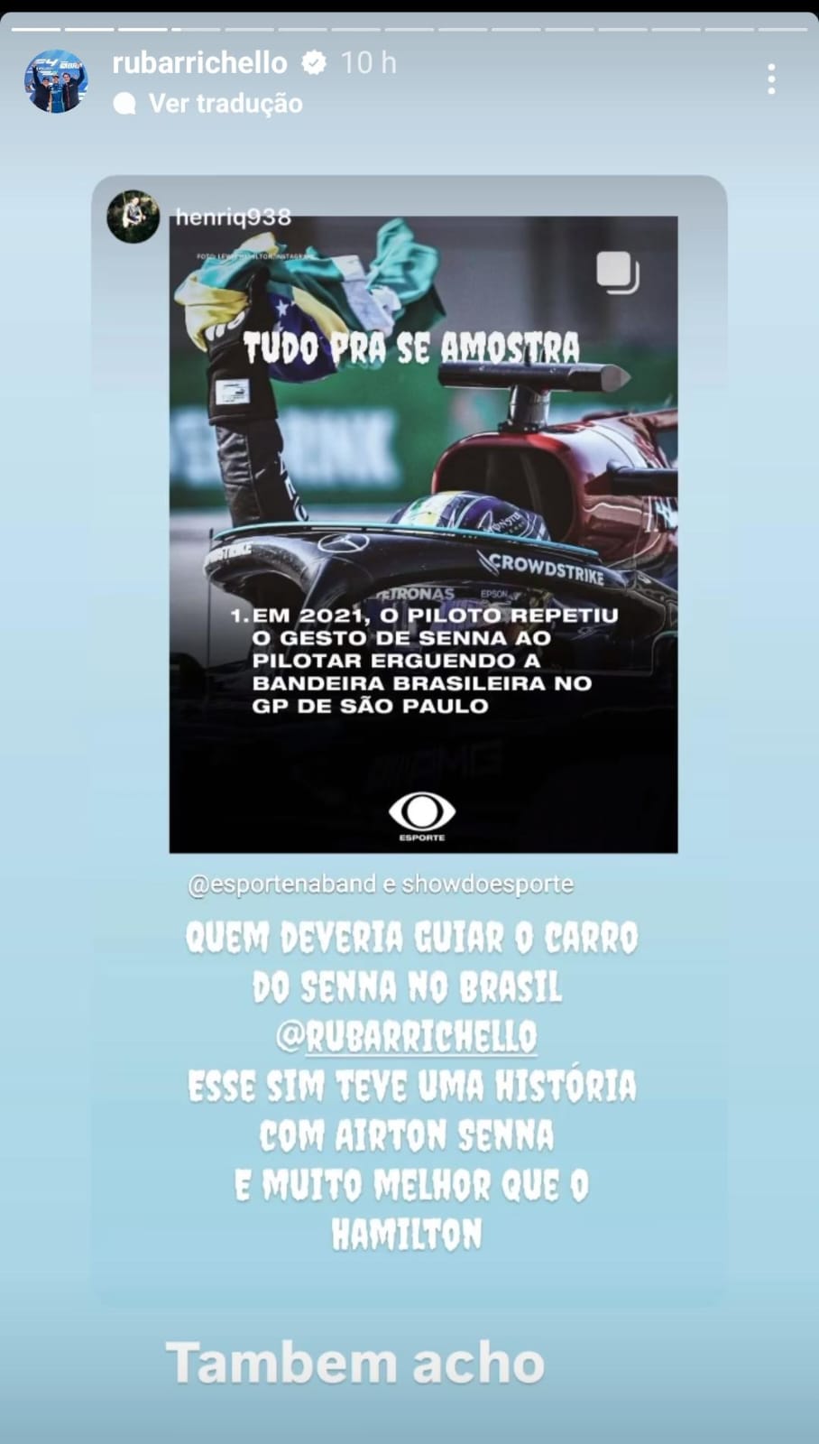 Manifestação do ex-piloto brasileiro Rubens Barrichello