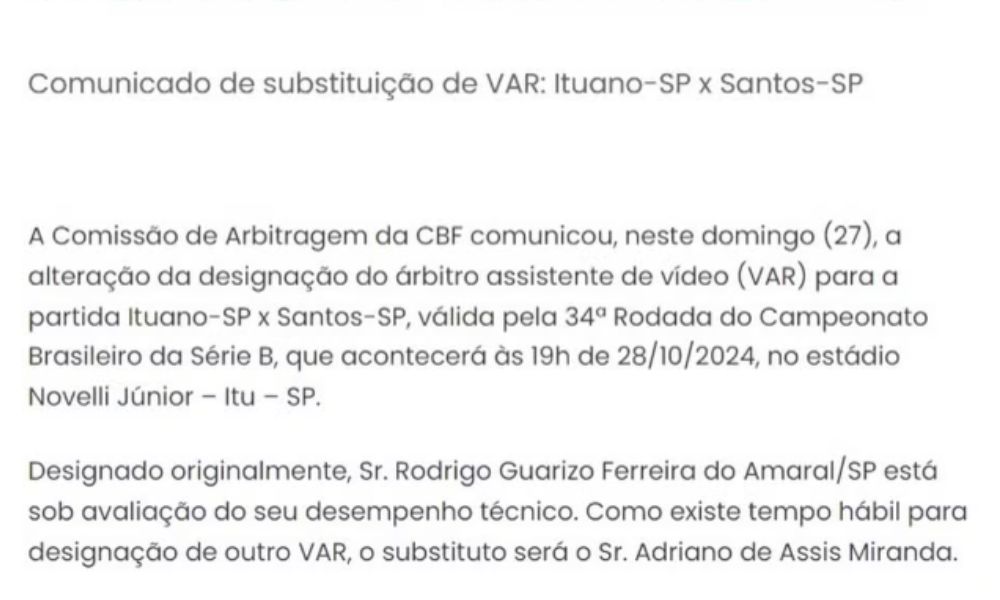Print de imagem do comunicado da CBF