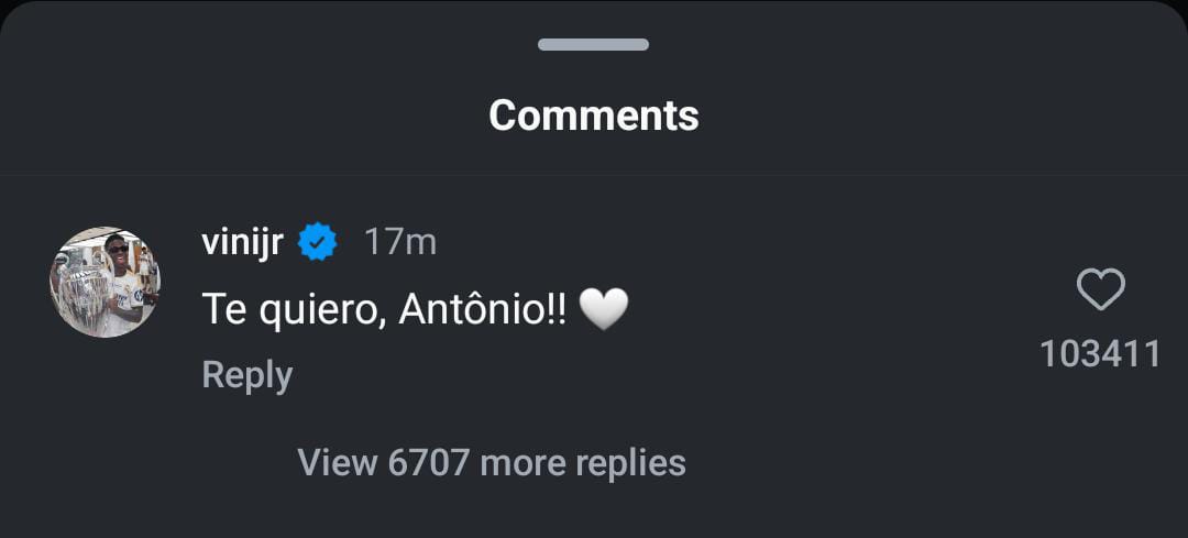 Print do Instagram com comentário de Vini Jr em postagem de Tony Kroos