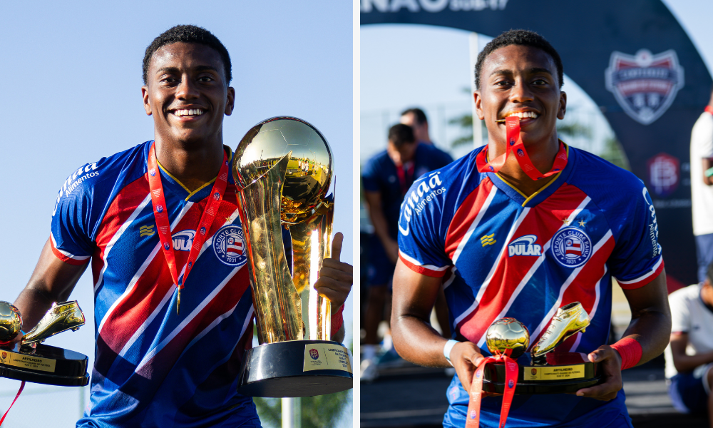 Ryan Nascimento, com os troféus de artilheiro e do Campeonato Baiano sub-17