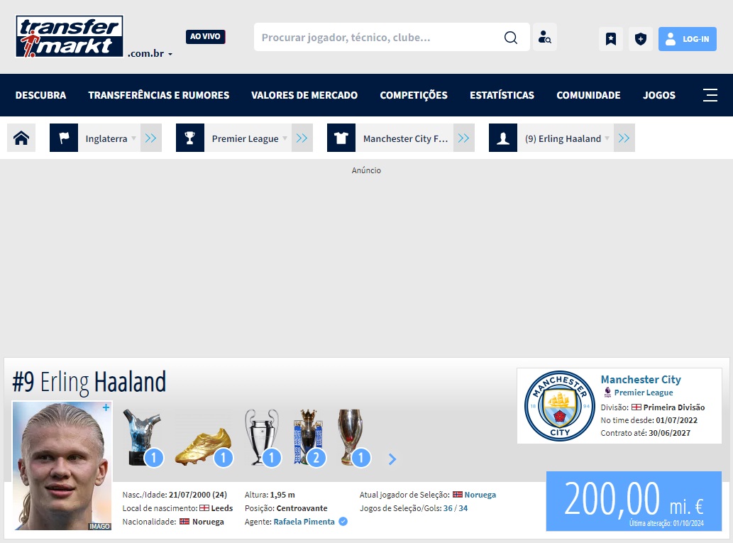 Print de tela do Transfermarket de Erling Haaland