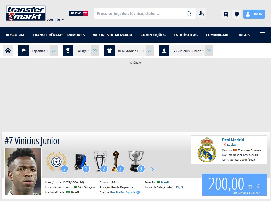Print de tela do site da Transfermarket de Vini Jr