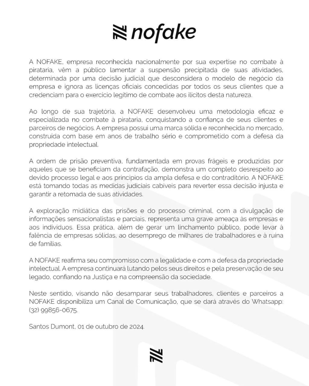 Imagem de documento enviado pela empresa NOFAKE à imprenssa