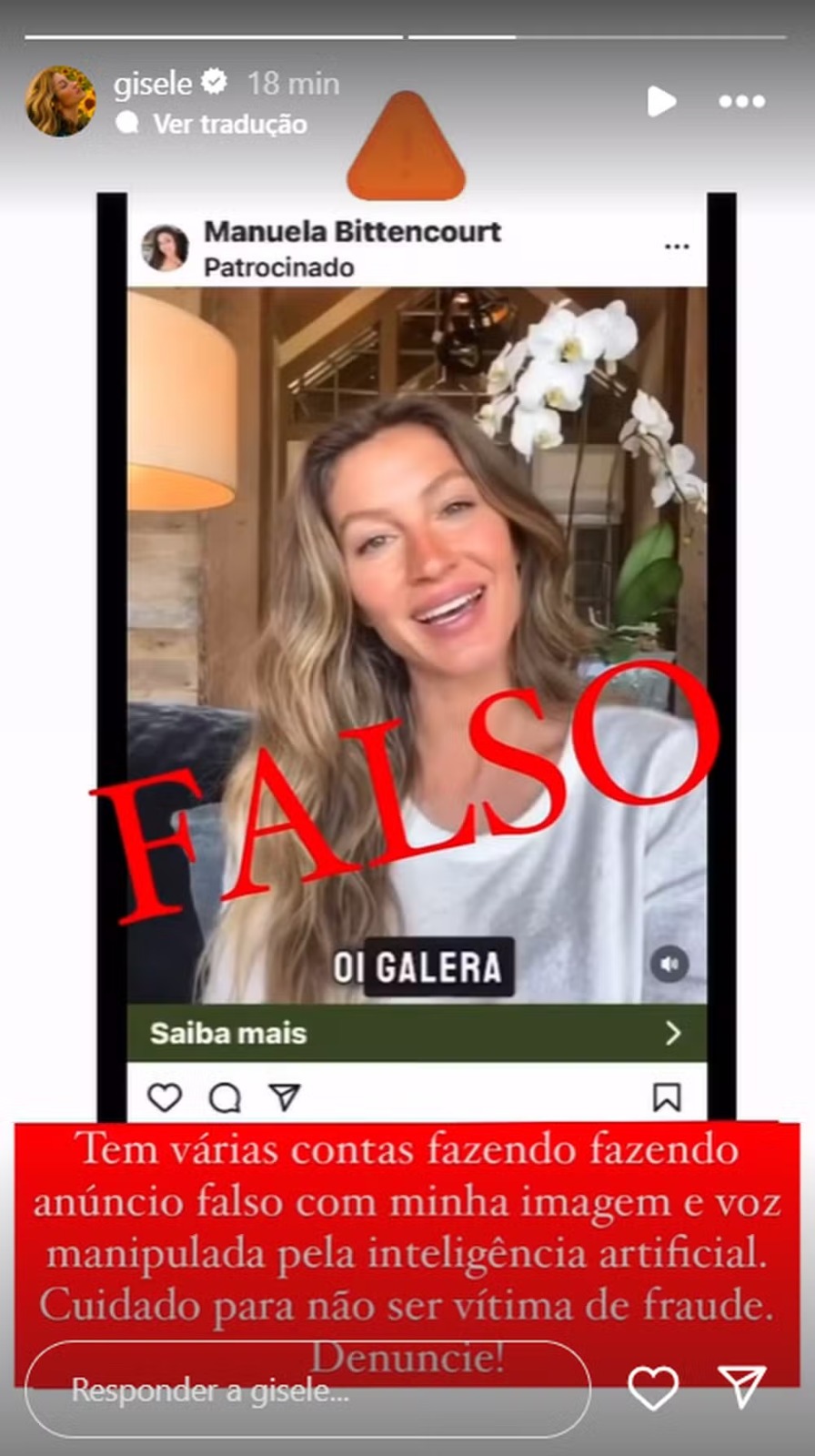Gisele Bündchen denuncia uso de deepfakes com sua imagem para aplicar golpes — Foto: Reprodução/Instagram