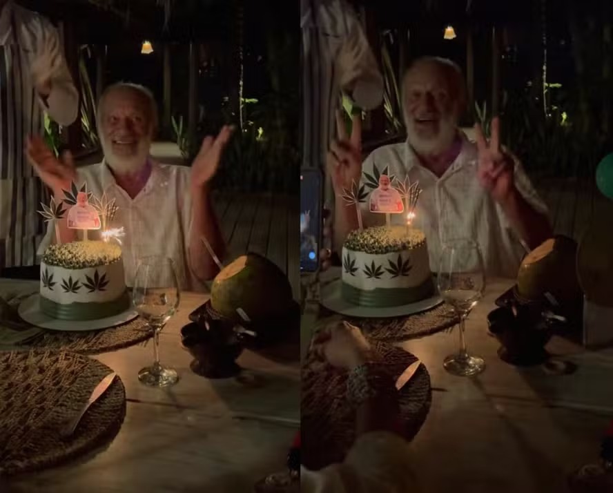 Ricardo Petraglia completou 75 anos e ganhou bolo com tema de maconha — Foto: Reprodução/Instagram