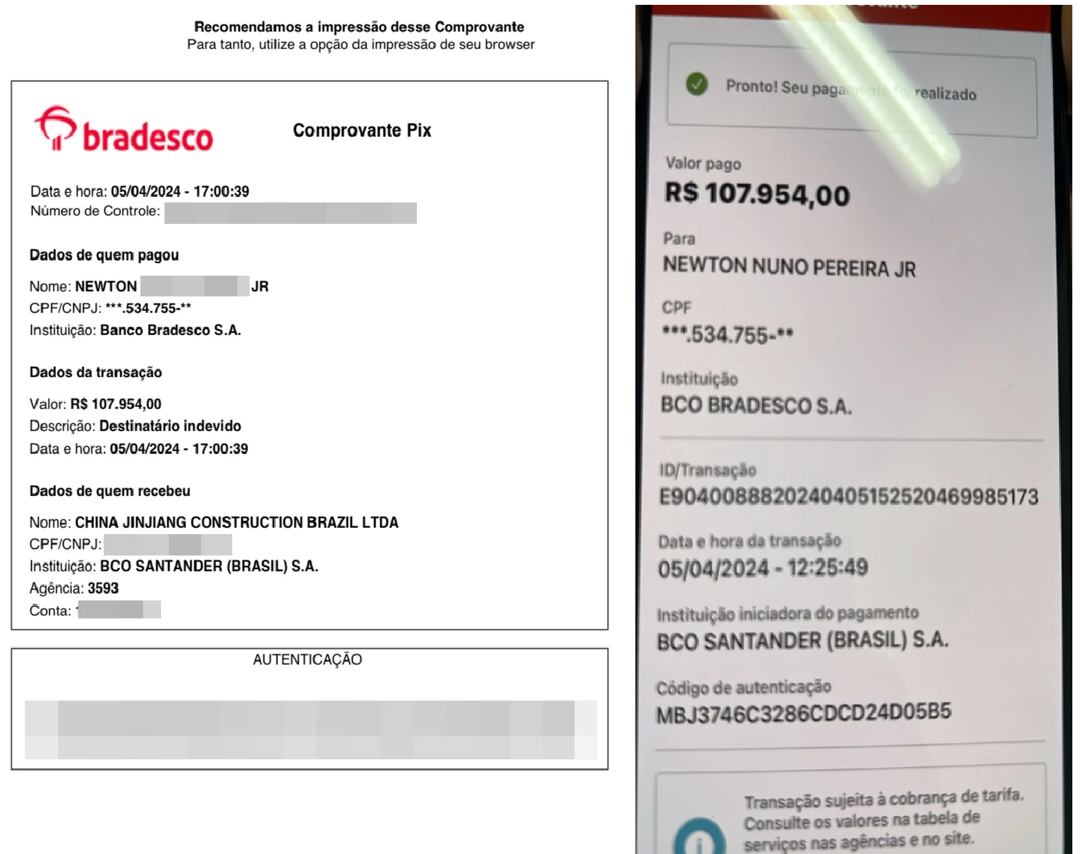 Comprovantes de pagamentos do proprietário do hotel