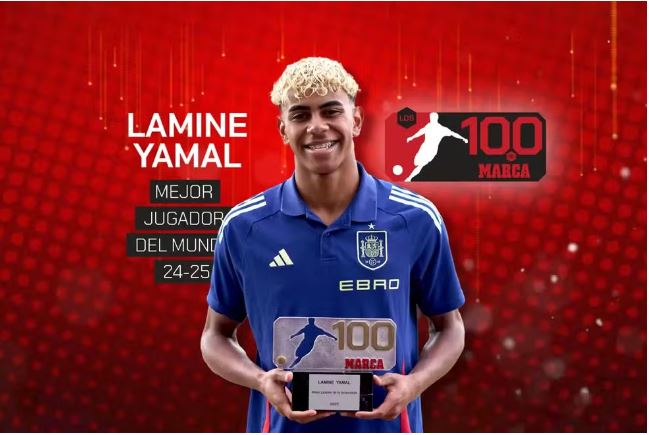Lamine Yamal com o prêmio da temporada 24/25