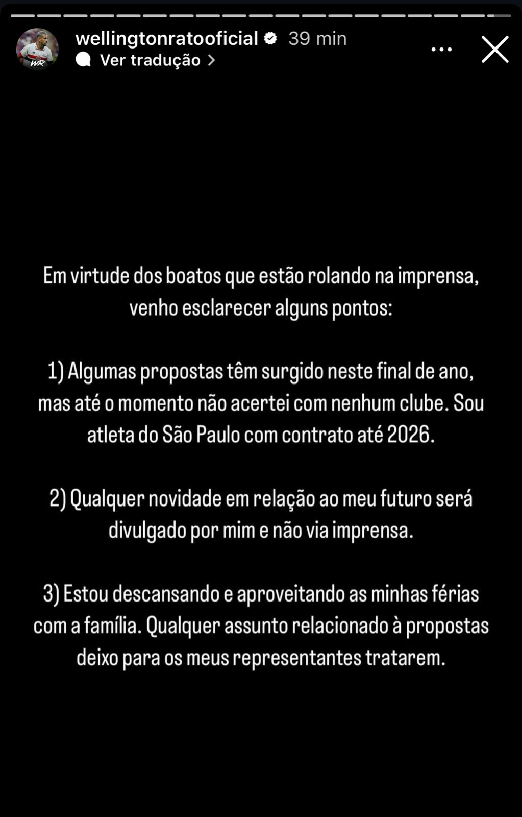 Print de story do Instagram do jogador W. Rato, possível reforço do Vitória - Foto: Reprodução-Redes Sociais-Instagram-@wellingtonratooficial