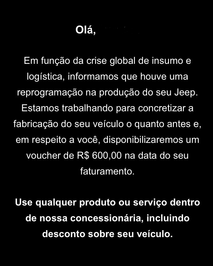 Mensagem enviada pela Jeep à cliente