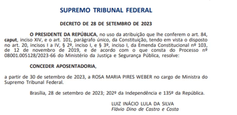 Imagem de trecho do decreto de Lula com a aposentadoria de Rosa Weber