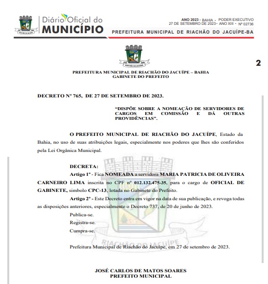Imagem do decreto 760 da prefeitura de Riachão do Jacuípe