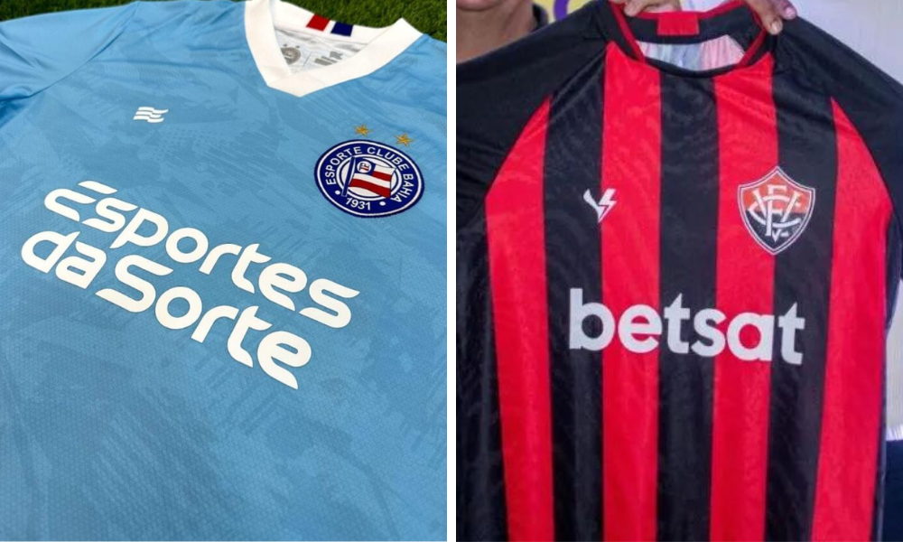 Camisas de Bahia e Vitória com seus patrocinadores máster