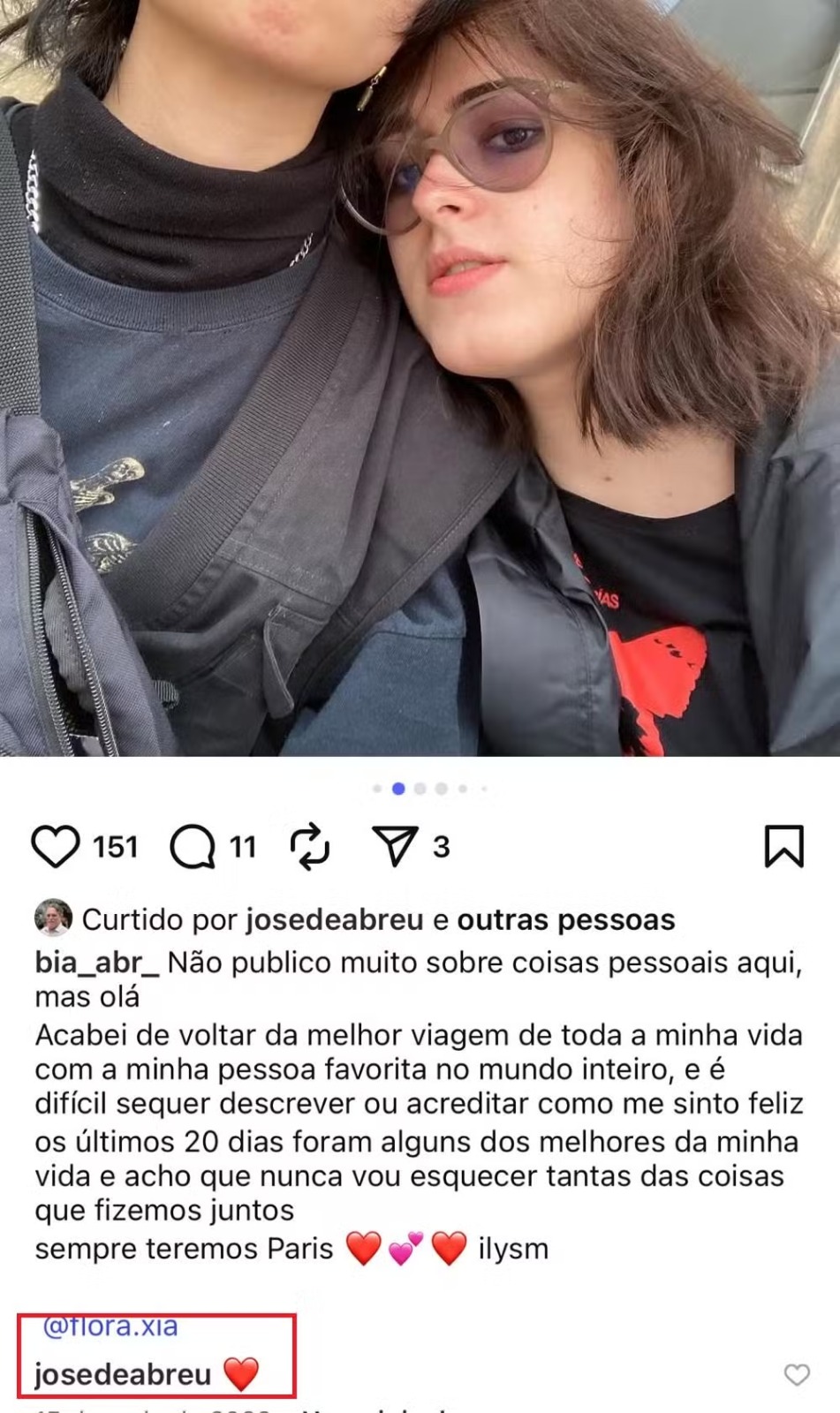 Filha trans de José de Abreu posa com a namorada, e ator reage com coração — Foto: Instagram