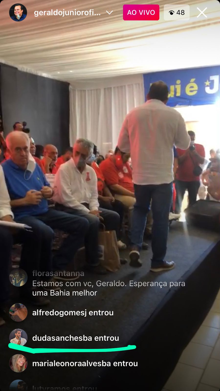 Duda Sanches (União Brasil) entrou na transmissão de evento de pré-campanha no Instagram de Geraldo Júnior (MDB)